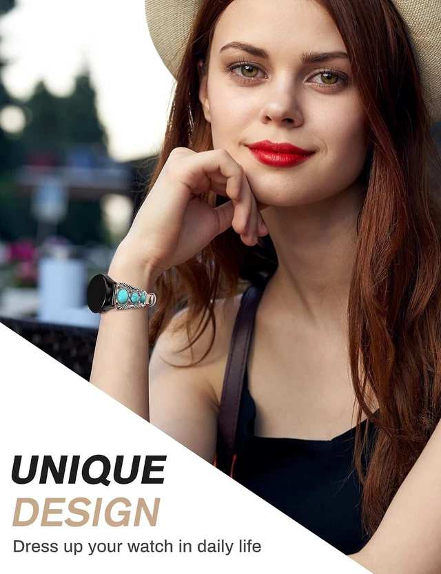 Alt view image 6 of 6 - Leather Band Compatible with Galaxy Watch 7/6/5/4/FE/Active 2 40mm 44mm/Watch 6 Classic 43mm 47mm/Watch 5 Pro 45mm Band Women Western Turquoise Boho Vintage Jewelry 20mm Watch Strap