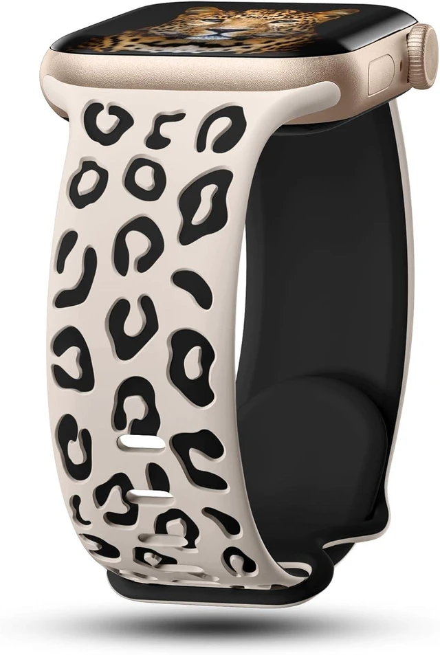Main image of Engraved Leopard Bands Compatible with Watch Band 40mm 41mm 38mm 42mm 44mm 45mm 46mm 49mm Women Silicone Cheetah Designer Strap for iWatch Series 10 9 8 7 6 5 4 3 2 SE Ultra