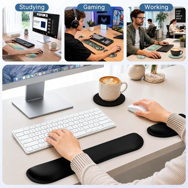 Alt view image 7 of 7 - Keyboard Wrist Rest Set Gel Memory Foam 3-Piece Black