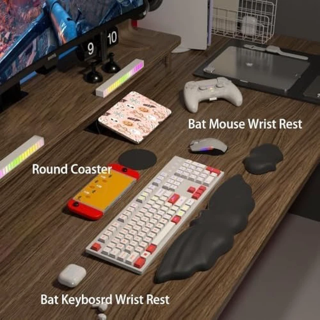 Alt view image 3 of 7 - Goth Keyboard Wrist Rest Set - Soft Leather Halloween Bat Wrist Pad