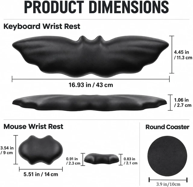 Alt view image 2 of 7 - Goth Keyboard Wrist Rest Set - Soft Leather Halloween Bat Wrist Pad