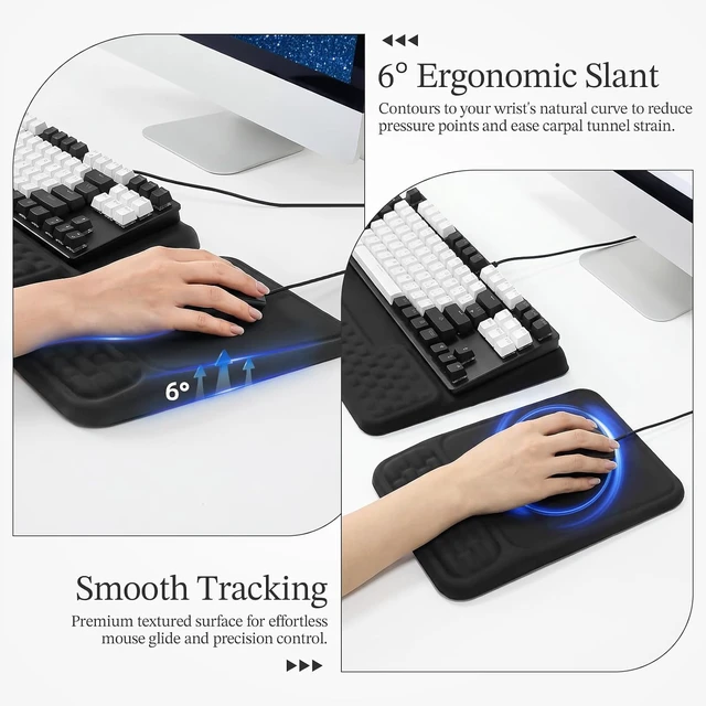 Alt view image 6 of 7 - Wrist Rest for Keyboard and Mouse Mouse Pad and Keyboard Wrist Rest Set Memory Foam Keyboard Pad with Wrist Support Ergonomic Mouse Pad Set for Desk Office Home Gaming Black