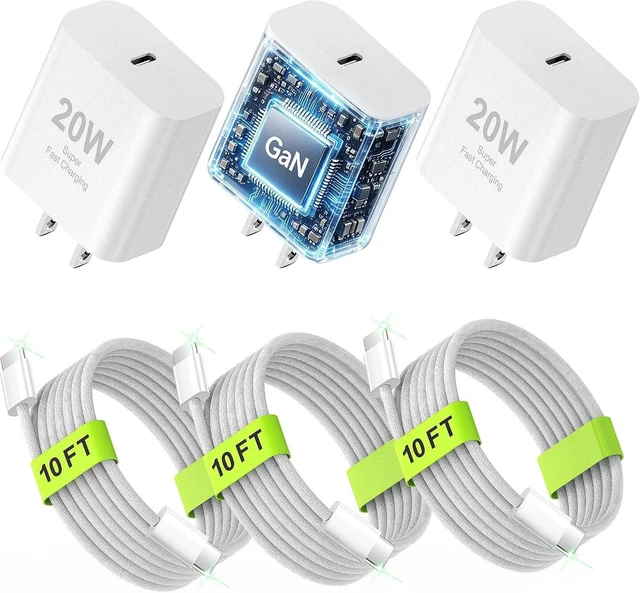 Main image of 20W USB C Fast Charger for iPhone 3-Pack with 10FT Braided Cable