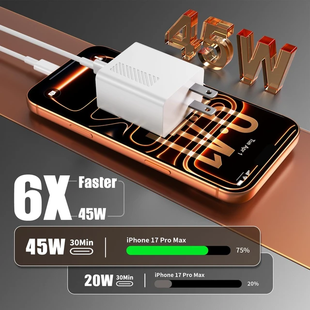 Alt view image 3 of 7 - 45W Fast Charger for iPhone 17 Pro Max Super Fast USB C (6+6+10) FT Cables