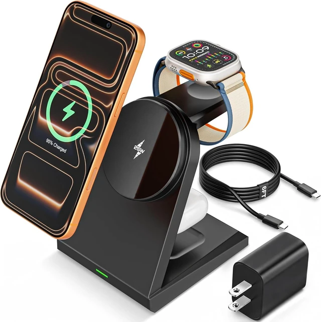 Main image of 3 in 1 Wireless Charger iPhone Charging Station 25W Magnetic Charger for iPhone 17 16e 15 14 13 12 Pro Max Wireless Charging Station Fast Desk Mag Safe Stand for iWatch 11 10 9 8 7 6 5 3