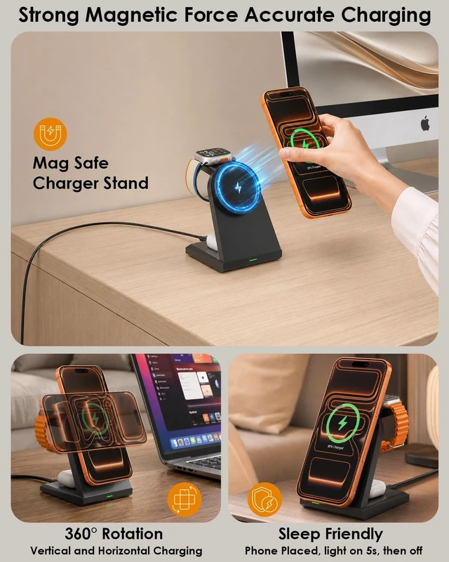 Alt view image 3 of 7 - 3 in 1 Wireless Charger iPhone Charging Station 25W Magnetic Charger for iPhone 17 16e 15 14 13 12 Pro Max Wireless Charging Station Fast Desk Mag Safe Stand for iWatch 11 10 9 8 7 6 5 3