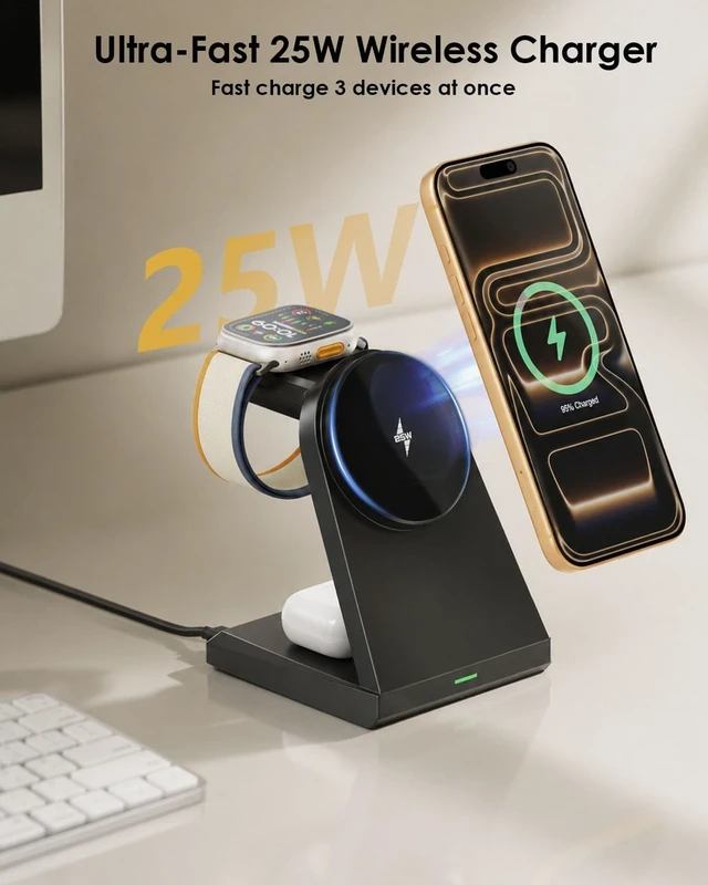 Alt view image 4 of 7 - 3 in 1 Wireless Charger iPhone Charging Station 25W Magnetic Charger for iPhone 17 16e 15 14 13 12 Pro Max Wireless Charging Station Fast Desk Mag Safe Stand for iWatch 11 10 9 8 7 6 5 3