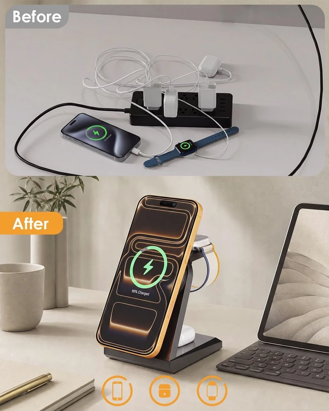 Alt view image 6 of 7 - 3 in 1 Wireless Charger iPhone Charging Station 25W Magnetic Charger for iPhone 17 16e 15 14 13 12 Pro Max Wireless Charging Station Fast Desk Mag Safe Stand for iWatch 11 10 9 8 7 6 5 3