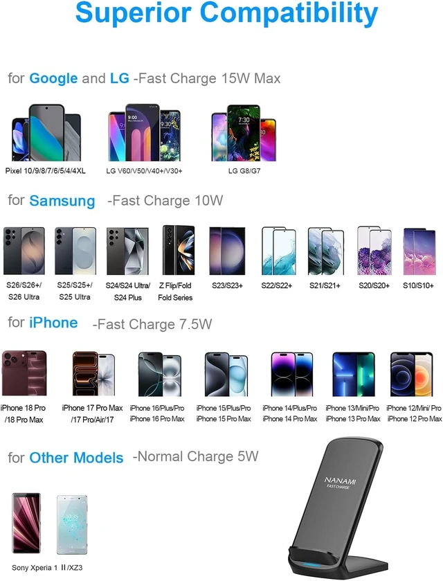 Alt view image 3 of 7 - Upgraded Fast Wireless Charger Wireless Charging Stand Compatible with Galaxy S26/S26+/S25/S24/S23 & Phone Charger Dock for iPhone 18 Pro/18 Pro Max/17/17 Air/16/16 Plus/16 Pro/15/14