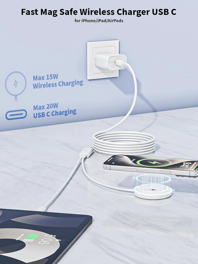 Alt view image 3 of 7 - 2-in-1 Wireless Charger for Mag Safe iPhone Charger USB C Cable 2Pack