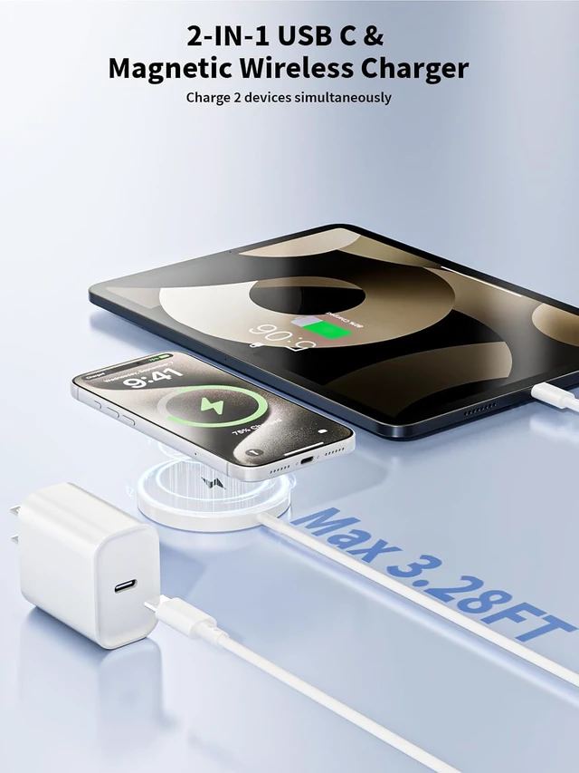 Alt view image 2 of 7 - 2-in-1 Wireless Charger for Mag Safe iPhone Charger USB C Cable 2Pack