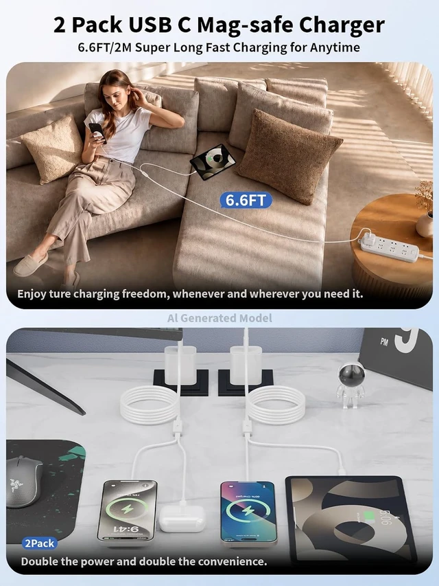 Alt view image 6 of 7 - 2-in-1 Wireless Charger for Mag Safe iPhone Charger USB C Cable 2Pack