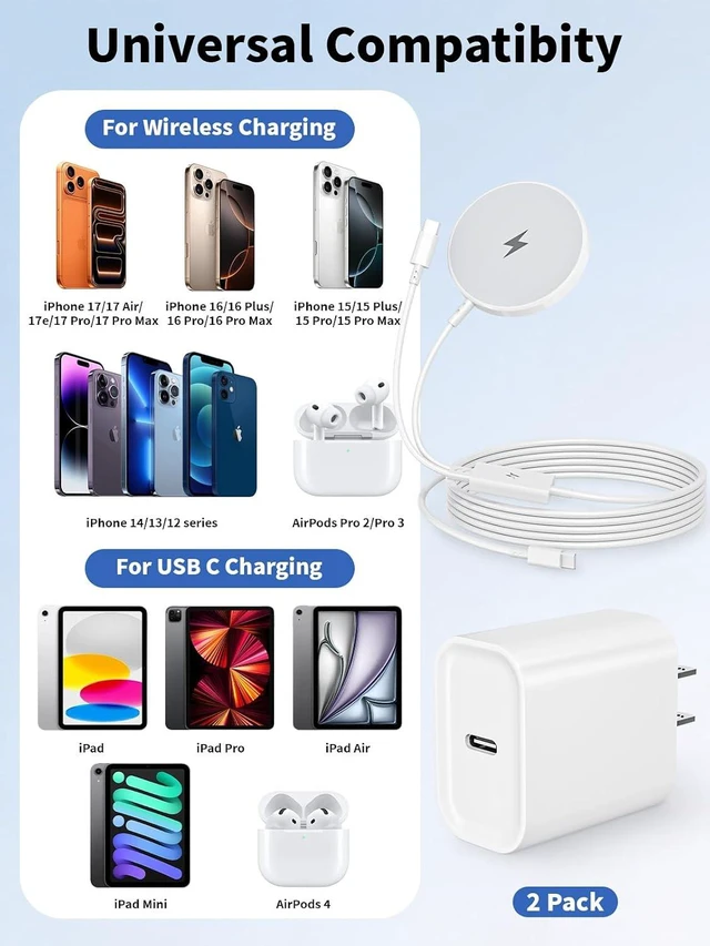 Alt view image 7 of 7 - 2-in-1 Wireless Charger for Mag Safe iPhone Charger USB C Cable 2Pack