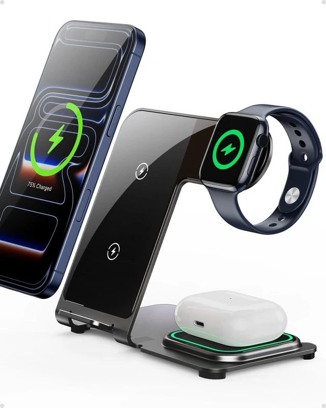 Main image of 3 in 1 Wireless Charger for iPhone 17/16/15/14/13/12 Wireless Charging Station for Devices Aluminum Charging Stand for iWatch 11 10 9 Ultra 3/2 SE 3/2 for AirPods 4 3 2 Pro 3/2