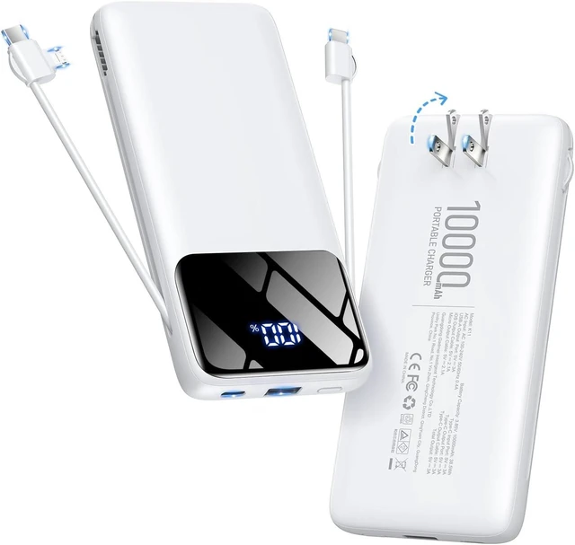 Main image of Portable Charger 10000mAh Power Bank with Built-in Cables and Wall Plug