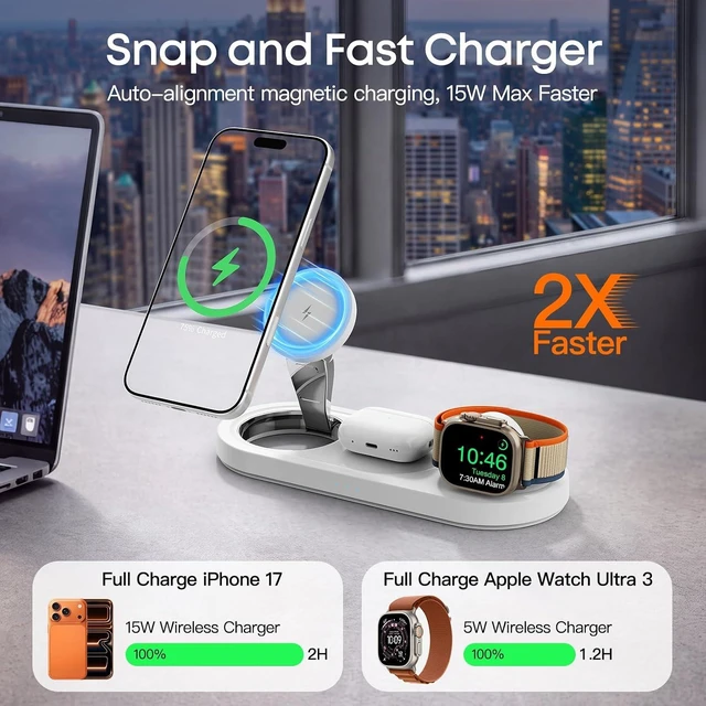 Alt view image 2 of 7 - Foldable 3 in 1 Wireless Charging Station for Magsafe Charger Stand