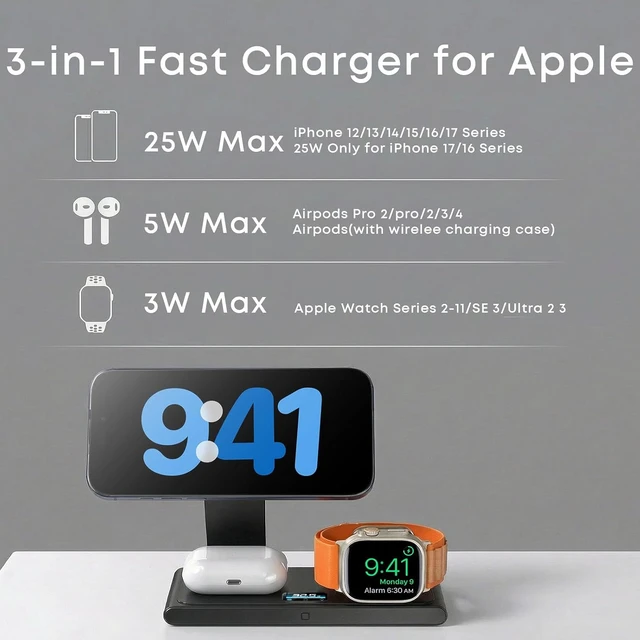 Alt view image 7 of 7 - Foldable 3-in-1 Wireless Charging Station with 45W Adapter Included