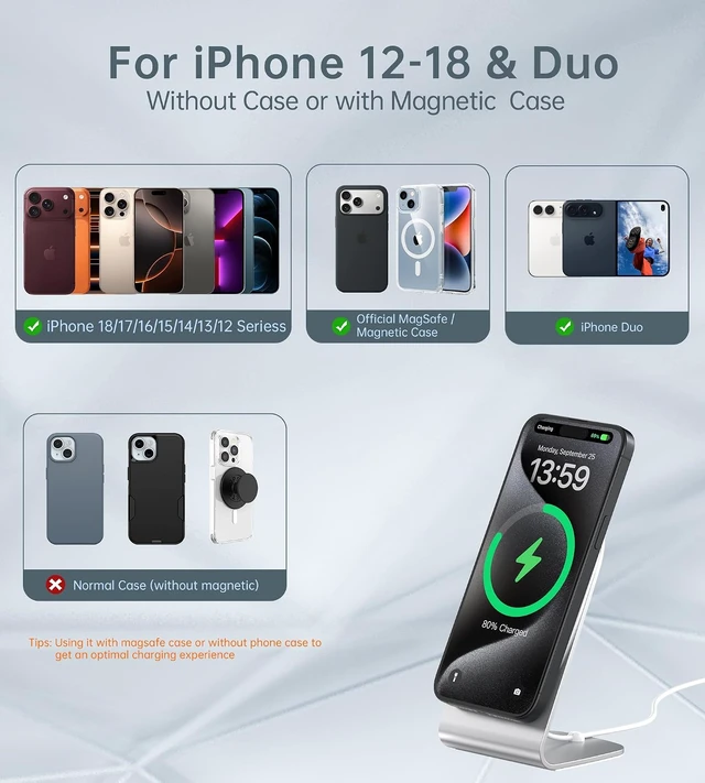 Alt view image 4 of 7 - Magnetic Wireless Charger for iPhone Duo/18/17/16/15/14/13/12 - Mag Charger+20W USB C Adapter Aluminum Fast Wireless Charging Stand/Pad with 5ft USB-C Cable for iPhone 18/17/16/15/14/13/12 Airpod