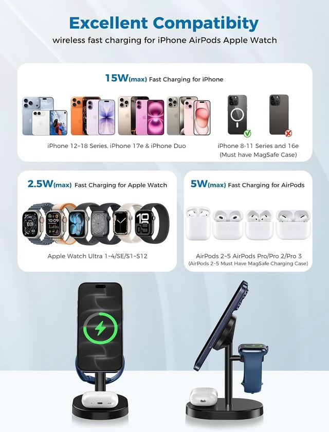 Alt view image 7 of 7 - Mag-Safe Charger 3 in 1 Charging Station for iPhone Watch AirPods