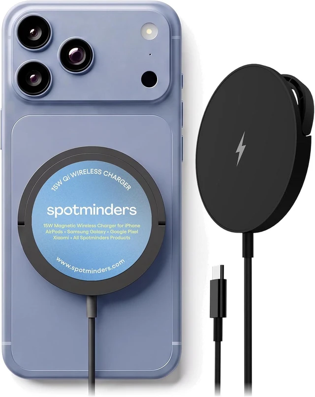 Main image of SPOTMINDERS Magnetic Wireless Charger with Stand 15W Qi Fast Charging Pad for iPhone AirPods Android & Spotminders Tracking Card Built-in 1m USB-C Cable Non-Slip Cooling No AC Adapter