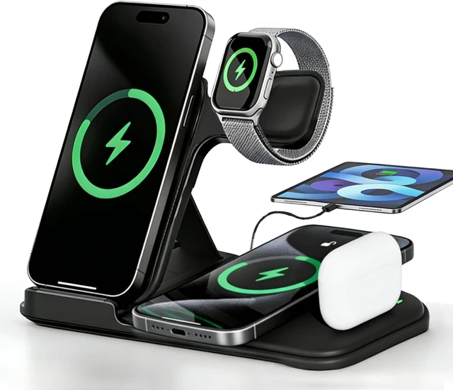 Main image of 5 in 1 Wireless Charging Station for Multiple Devices Premium Fast Charging Stand for Android Dual Phone Dock with USB Port for Desk Nightstand