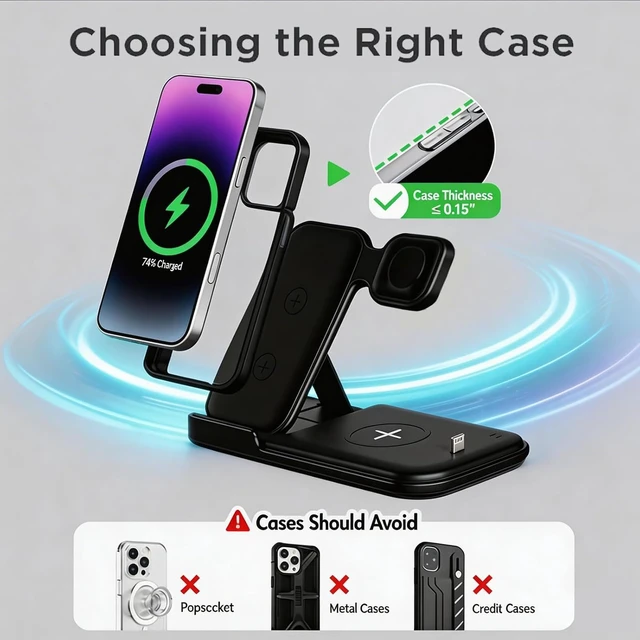 Alt view image 4 of 7 - 5 in 1 Wireless Charging Station for Multiple Devices Premium Fast Charging Stand for Android Dual Phone Dock with USB Port for Desk Nightstand