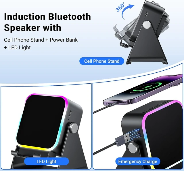 Alt view image 5 of 7 - Induction Speaker with Phone Stand 5 in 1 Wireless Bluetooth Audio Black
