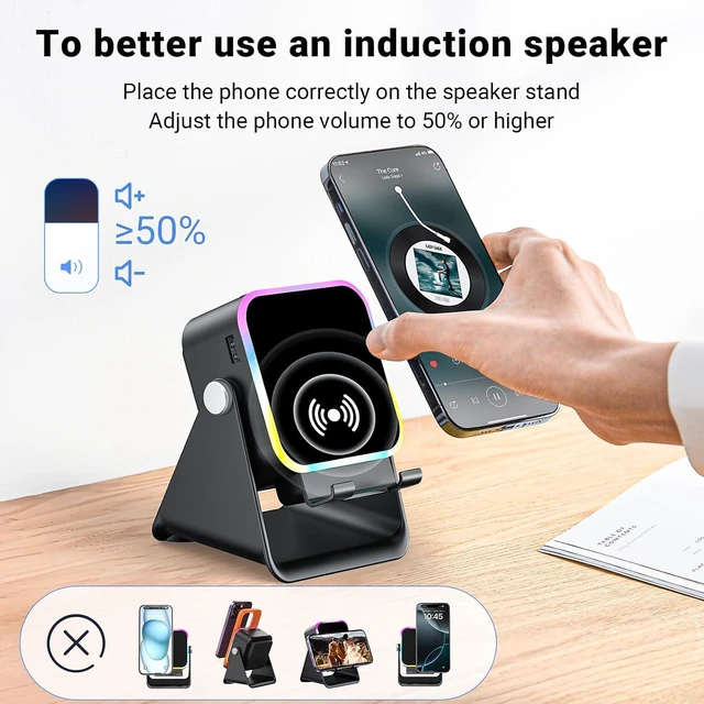 Alt view image 7 of 7 - Induction Speaker with Phone Stand 5 in 1 Wireless Bluetooth Audio Black