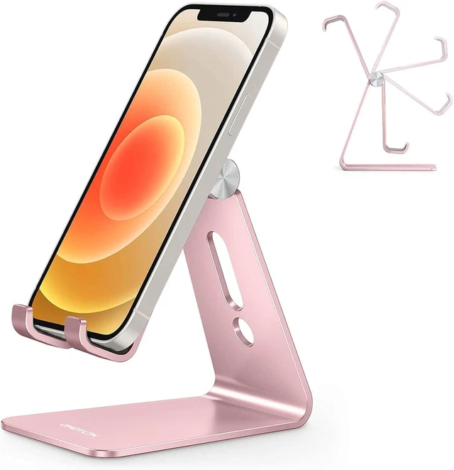 Main image of Adjustable Cell Phone Stand C2 Aluminum Desktop Phone Holder Dock Compatible with iPhone 15 14 13 Xs XR 8 Plus 7 6 Galaxy Google Pixel Android Phones Rose Gold