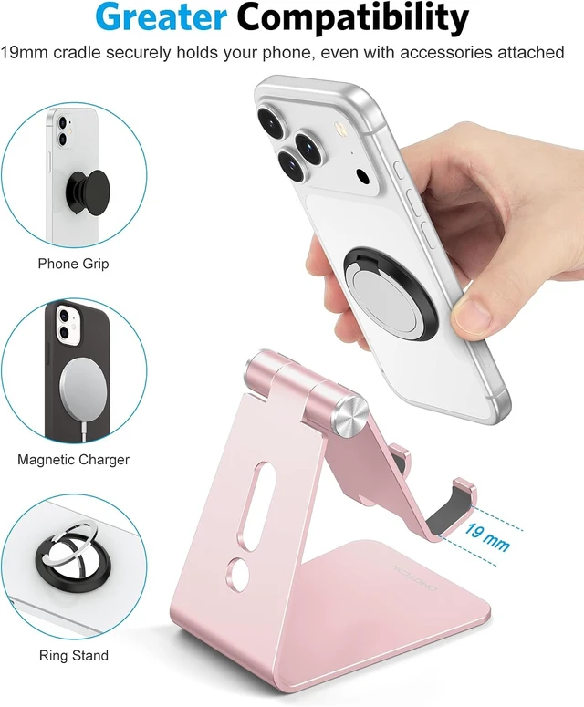 Alt view image 5 of 7 - Adjustable Cell Phone Stand C2 Aluminum Desktop Phone Holder Dock Compatible with iPhone 15 14 13 Xs XR 8 Plus 7 6 Galaxy Google Pixel Android Phones Rose Gold