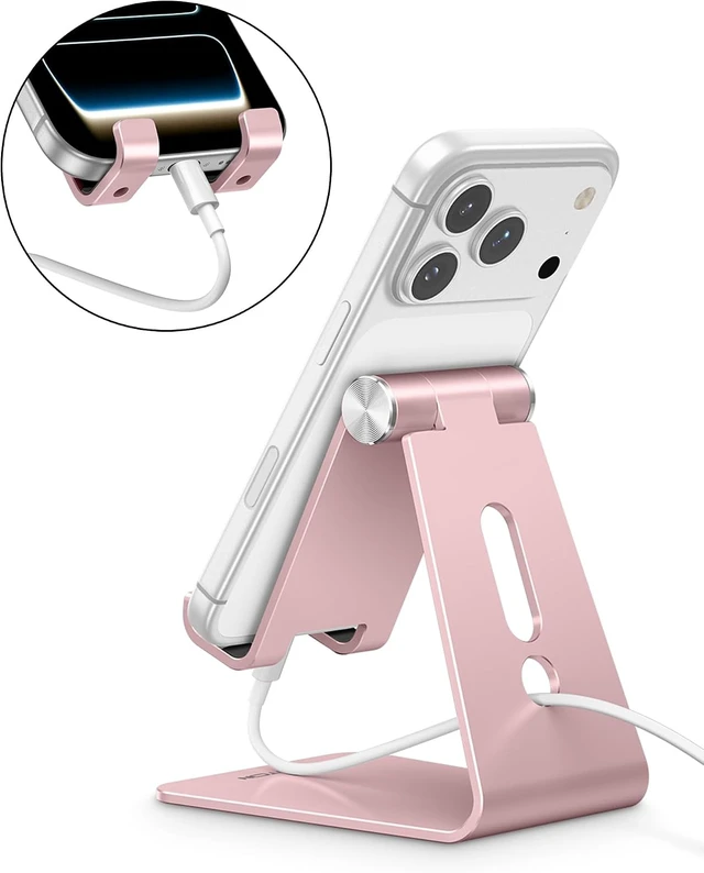 Alt view image 6 of 7 - Adjustable Cell Phone Stand C2 Aluminum Desktop Phone Holder Dock Compatible with iPhone 15 14 13 Xs XR 8 Plus 7 6 Galaxy Google Pixel Android Phones Rose Gold