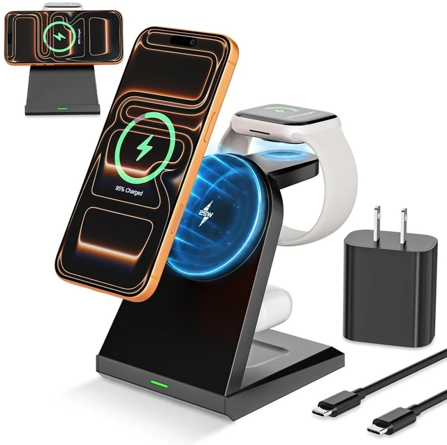 Main image of Magnet Wireless iPhone Charging Station 3 in 1 Fast 25W Magnetic Phone Charger Stand & 35W USBC Wall Charger Adapter & 3FT USBC Cable Fast Charging for iPhone 17/16/15/14/13/12/Plus/Pro/Airpods/iWatch