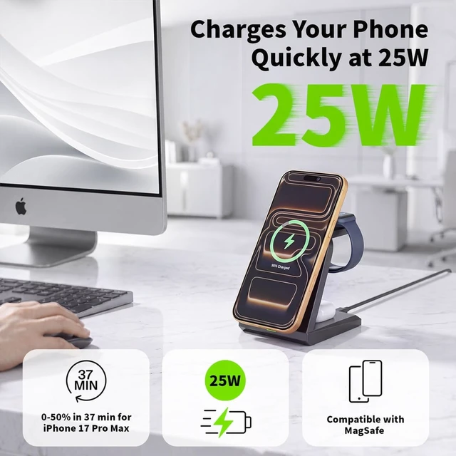 Alt view image 2 of 7 - Magnet Wireless iPhone Charging Station 3 in 1 Fast 25W Magnetic Phone Charger Stand & 35W USBC Wall Charger Adapter & 3FT USBC Cable Fast Charging for iPhone 17/16/15/14/13/12/Plus/Pro/Airpods/iWatch