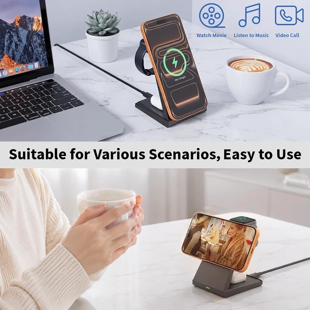 Alt view image 6 of 7 - Magnet Wireless iPhone Charging Station 3 in 1 Fast 25W Magnetic Phone Charger Stand & 35W USBC Wall Charger Adapter & 3FT USBC Cable Fast Charging for iPhone 17/16/15/14/13/12/Plus/Pro/Airpods/iWatch
