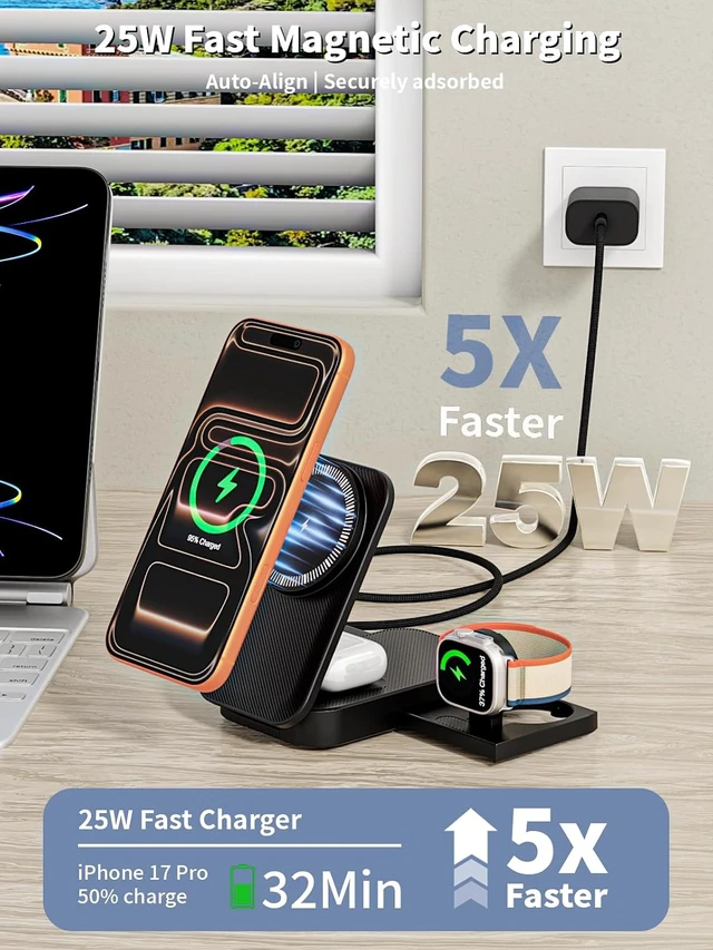 Alt view image 2 of 7 - ( MFi Certified)3 in 1 Charging Station 25W 6FT Mag safe Stand Magnetic Charger for iPhone and iWatch with 35W USB C Block for iPhone 17 Pro Max/16 Pro/15 Plus/14/13/12 AirPods Watch