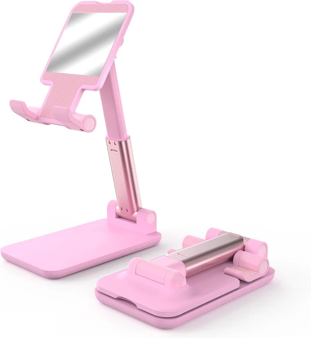 Main image of Cell Phone Stand Adjustable Angle and Height Cell Phone Holder for Desk Foldable and Portable Anti-Slip Silicone Pad Compatible with All Mobile Phones and 4-8 Inch Devices Pink