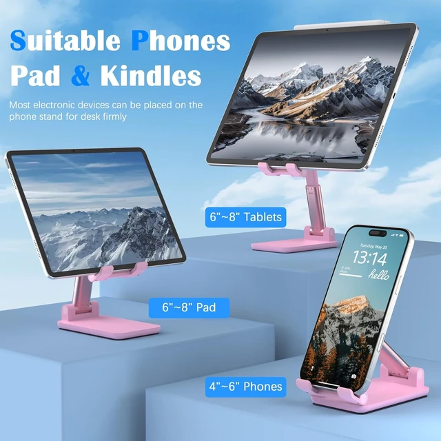 Alt view image 2 of 7 - Cell Phone Stand Adjustable Angle and Height Cell Phone Holder for Desk Foldable and Portable Anti-Slip Silicone Pad Compatible with All Mobile Phones and 4-8 Inch Devices Pink