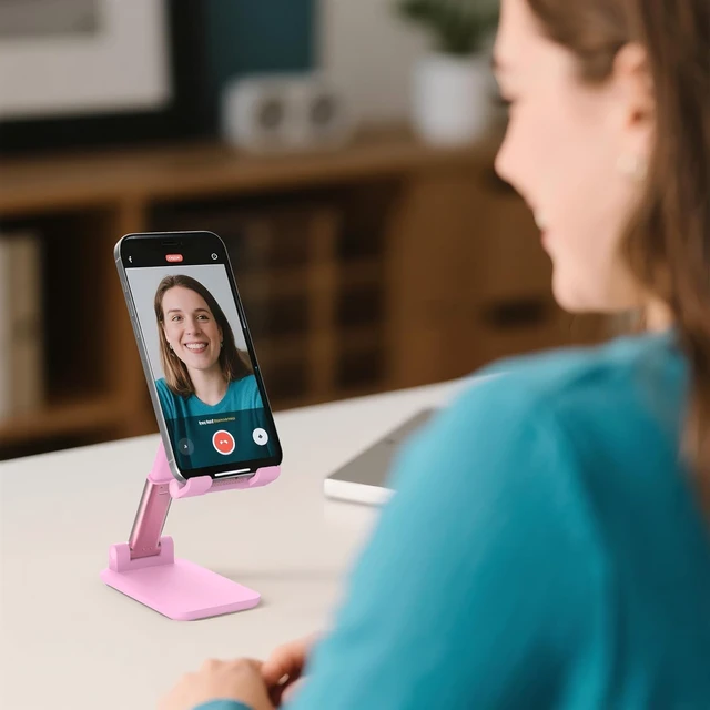 Alt view image 3 of 7 - Cell Phone Stand Adjustable Angle and Height Cell Phone Holder for Desk Foldable and Portable Anti-Slip Silicone Pad Compatible with All Mobile Phones and 4-8 Inch Devices Pink
