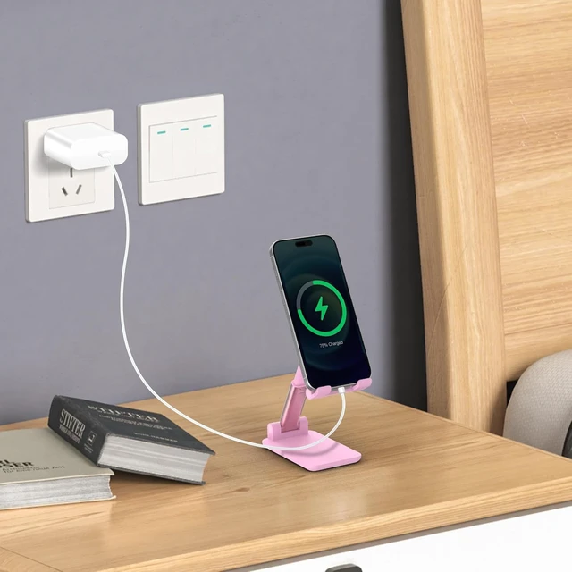 Alt view image 4 of 7 - Cell Phone Stand Adjustable Angle and Height Cell Phone Holder for Desk Foldable and Portable Anti-Slip Silicone Pad Compatible with All Mobile Phones and 4-8 Inch Devices Pink