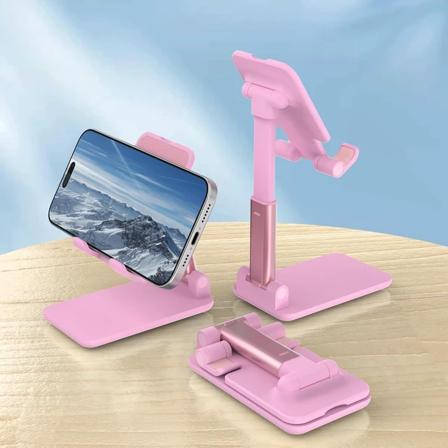 Alt view image 5 of 7 - Cell Phone Stand Adjustable Angle and Height Cell Phone Holder for Desk Foldable and Portable Anti-Slip Silicone Pad Compatible with All Mobile Phones and 4-8 Inch Devices Pink