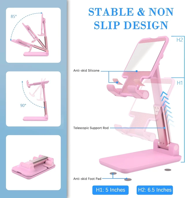 Alt view image 7 of 7 - Cell Phone Stand Adjustable Angle and Height Cell Phone Holder for Desk Foldable and Portable Anti-Slip Silicone Pad Compatible with All Mobile Phones and 4-8 Inch Devices Pink