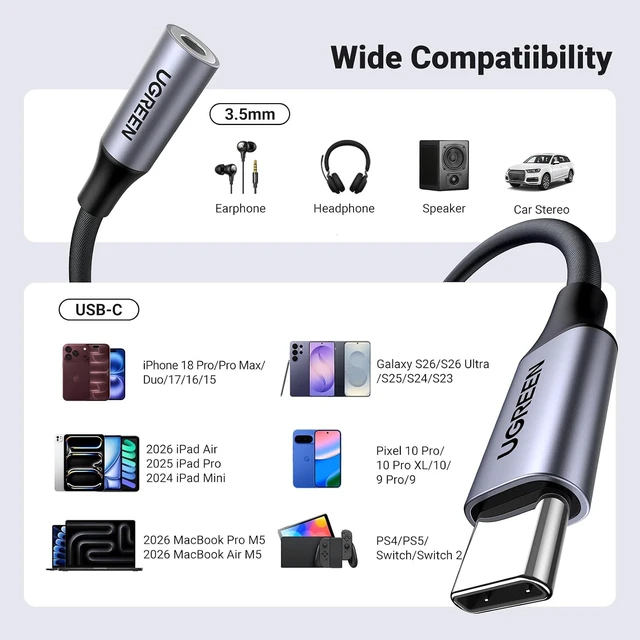 Alt view image 7 of 7 - 2 Pack USB C to 3.5mm Audio Adapter Type C to Aux 24bit/96kHz Grey