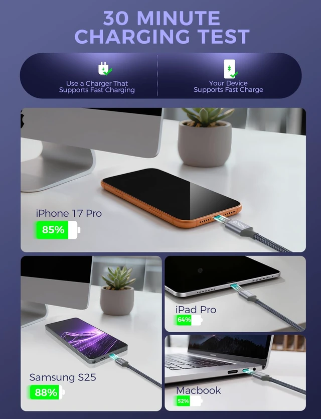 Alt view image 4 of 7 - USB C to USB C Cable 60W Fast Charging 5-Pack 3/3/6/6/10 ft
