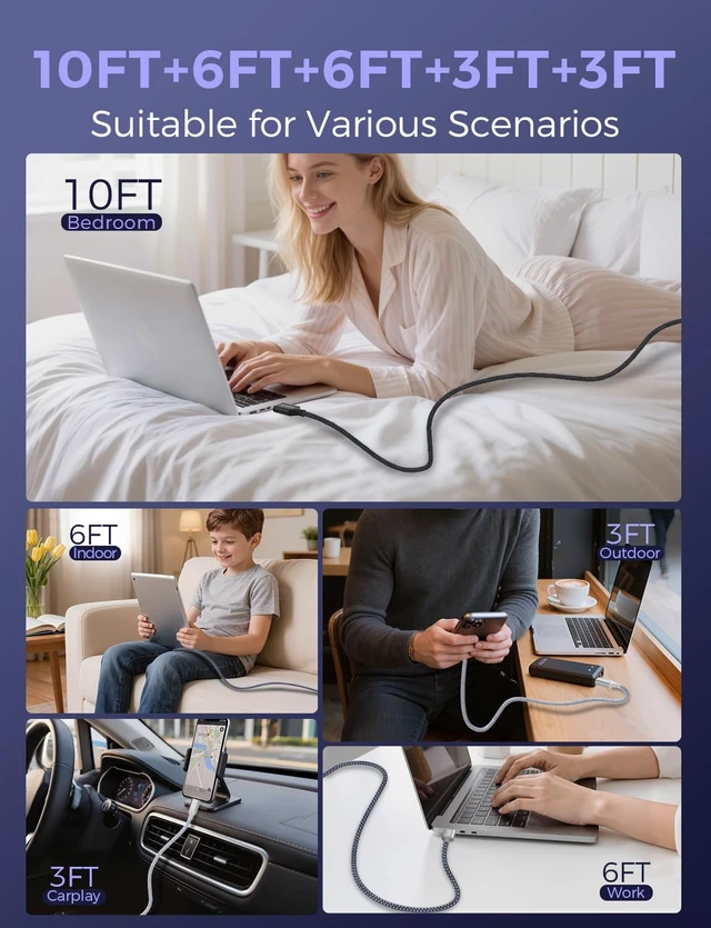 Alt view image 5 of 7 - USB C to USB C Cable 60W Fast Charging 5-Pack 3/3/6/6/10 ft