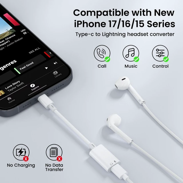 Alt view image 2 of 7 - USB C to Lightning Headphone Audio Adapter USB C Male to Lightning Female Earbuds Audio Adapter Compatible with iPhone 17/Air/16/16e/15 Plus/Pro/Max/15 Pro Air 6/5/4 MacBook (No Charge)