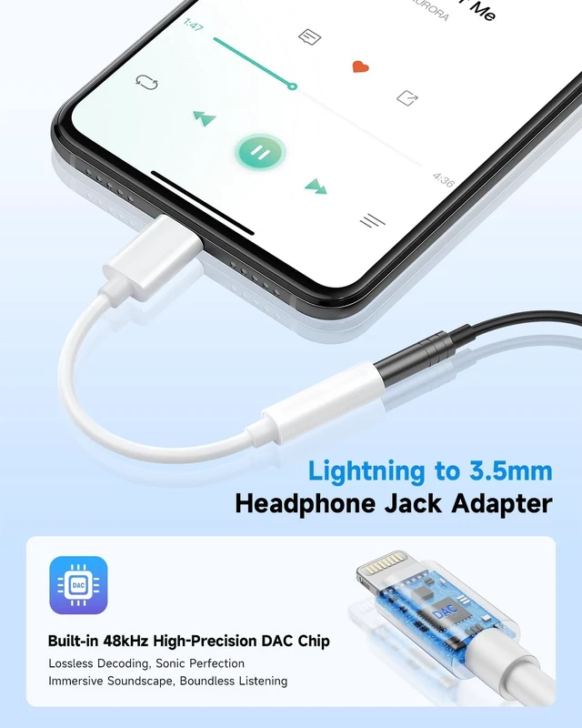 Alt view image 2 of 7 - MFi Certified Lightning to 3.5mm Headphone Jack Adapter -Premium Audio Quality & DAC Chip for Music Listening Car Gym Home Office Compatible with iPhone 14/13/12/11/X/8/7 1Pack (White)