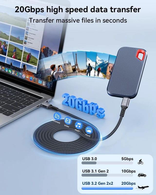 Alt view image 2 of 7 - USB C to USB C Cable 20Ft 240W Fast Charging 20Gbps Data 4K 60Hz Video