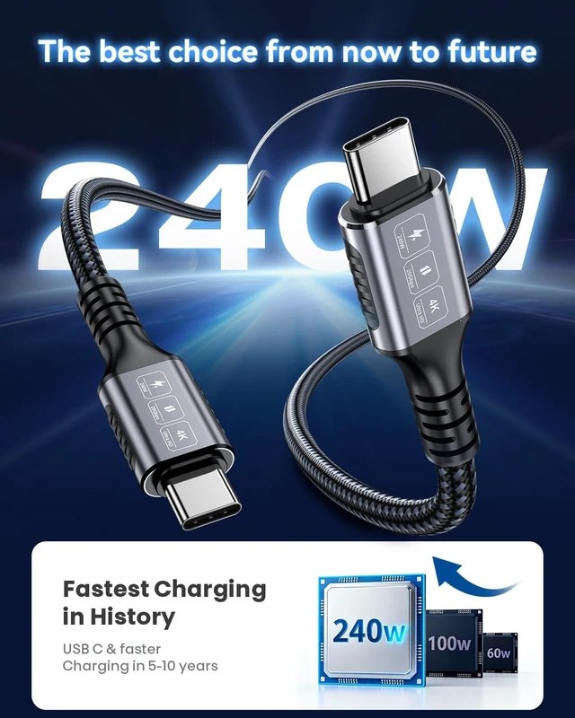 Alt view image 4 of 7 - USB C to USB C Cable 20Ft 240W Fast Charging 20Gbps Data 4K 60Hz Video