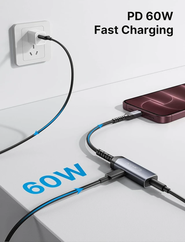 Alt view image 3 of 7 - USB C Headphone Adapter and Charger 2-in-1 3.5mm Audio PD 60W Fast