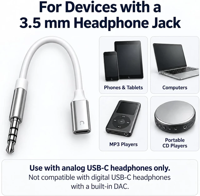 Alt view image 3 of 6 - 3.5mm AUX Male to USB-C Female Audio Adapter for Analog Headphones